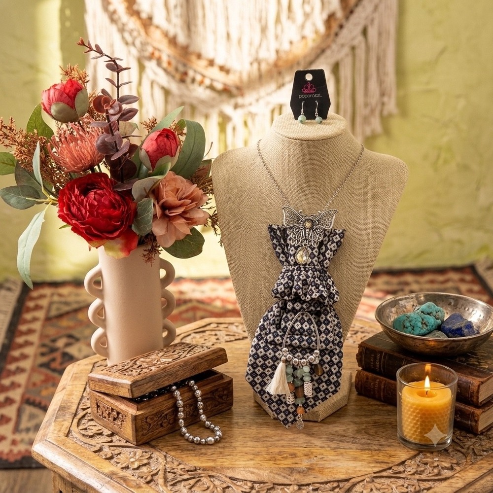 Pierre Cardin Upcycled Tie Butterfly Statement Necklace & Paparazzi Earrings Set